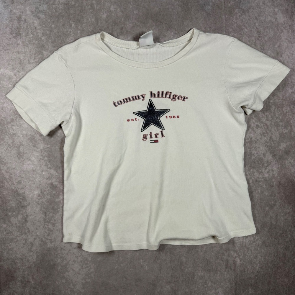 Vintage 90s Tommy Hilfiger Girl Ribbed Graphic Tee Off White Star XL Baby Tee